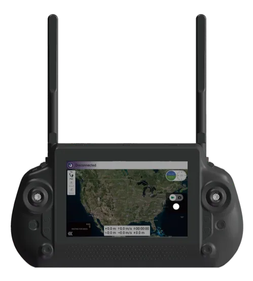 ViuRC7 Pro handheld ground control station — front view, showing dual antennas, twin control sticks and integrated map display